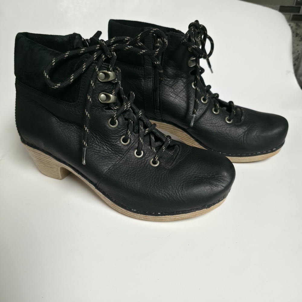 Dansko Mikayla Black Leather Lace Up Clog Ankle Boots Zipper Women Sz 38 US 8
